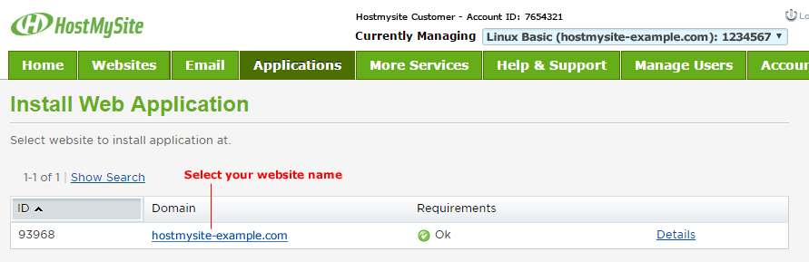 HostMySite select domain to install WordPress