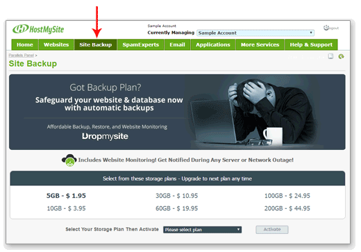 Backup Tab in HostMySite Control Panel