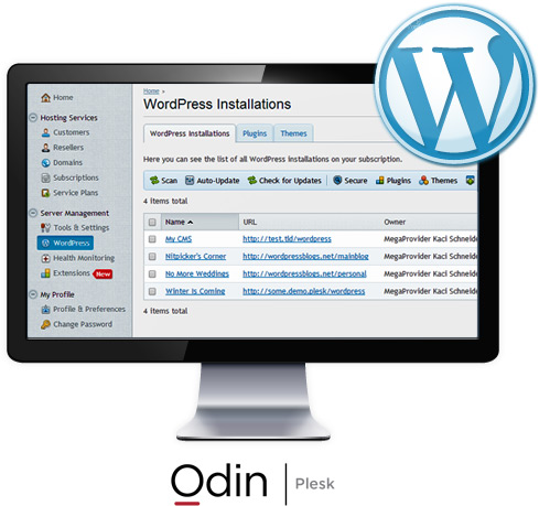 Odin's Plesk WordPress Toolkit Screen in a Desktop Monitor with WordPress Logo